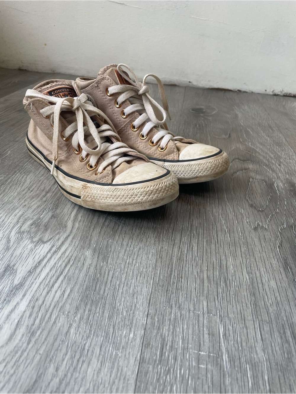 Converse High Top Sneakers in Light Beige/Tan with White Soles